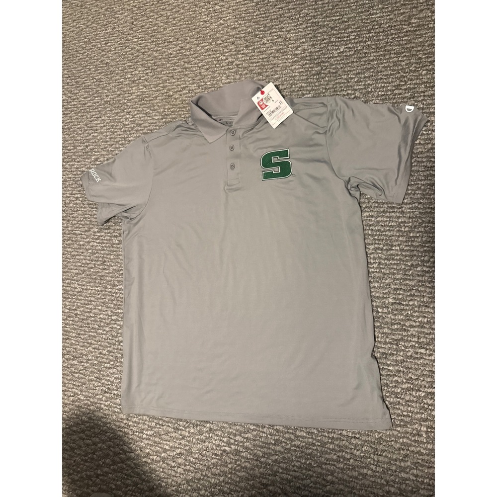 Slippery Rock University Champion Polo Shirt Mens Large Gray The Rock Logo arm